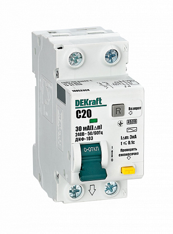 Dekraft Дифференциальный автомат (АВДТ) 1Р+N 20А 30мА тип AC х-ка C ДИФ-103 4.5кА