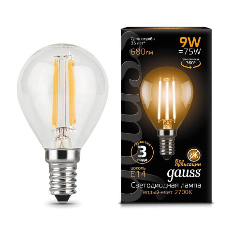 Gauss Лампа Filament Шар 9W 680lm 2700К Е14 LED