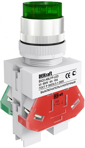 Dekraft Выключатель кноп. ABLFP D22 зеленый LED 220В ВK-22