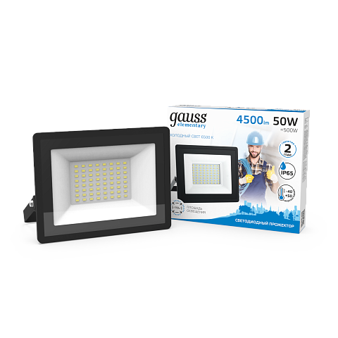 Gauss Прожектор Elementary 50W 4500lm 6500К 200-240V IP65 черный LED